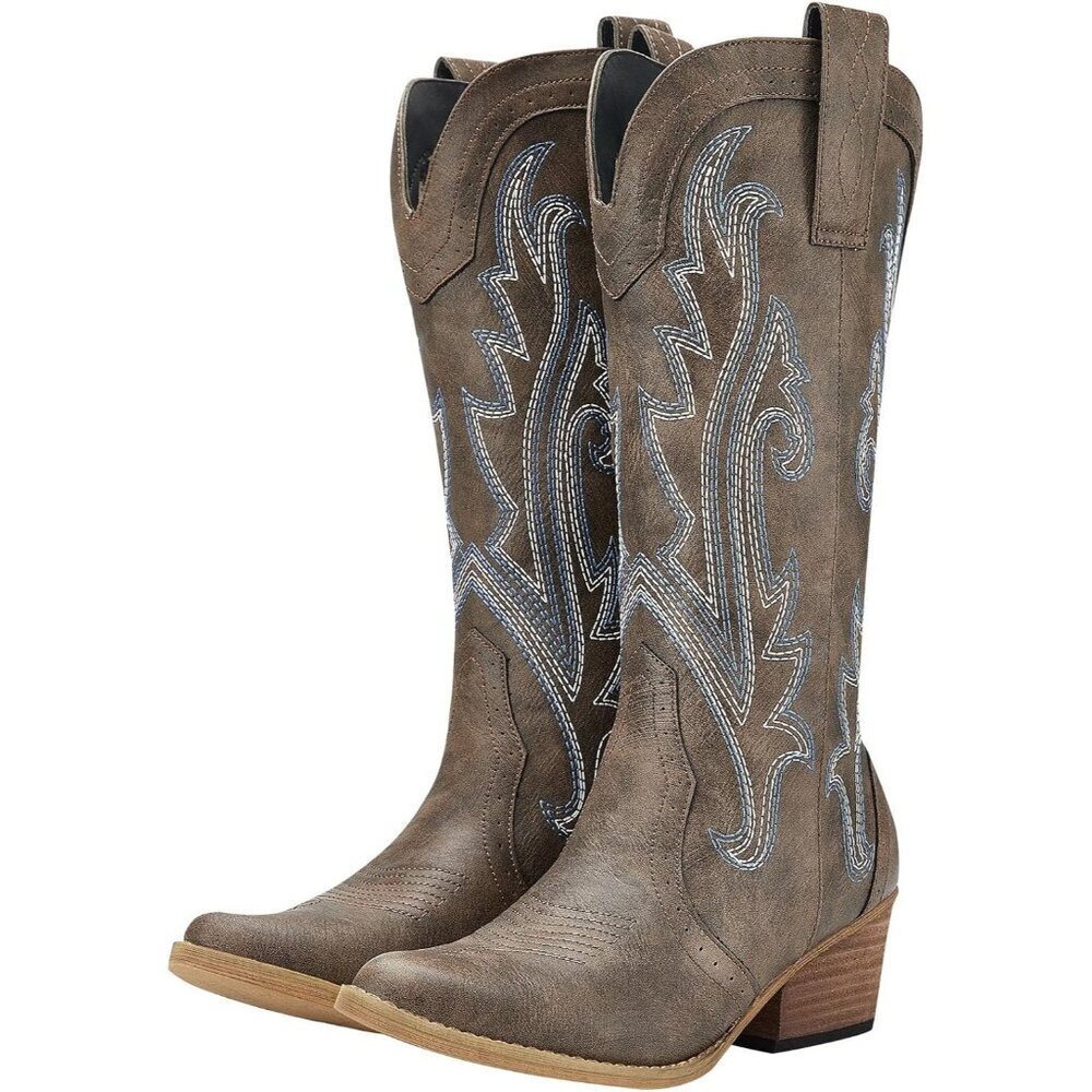 Ⓜ️Women's Brown Pointed Toe Mid Heel Stitched Embroidery Traveling Cowgirl Boot